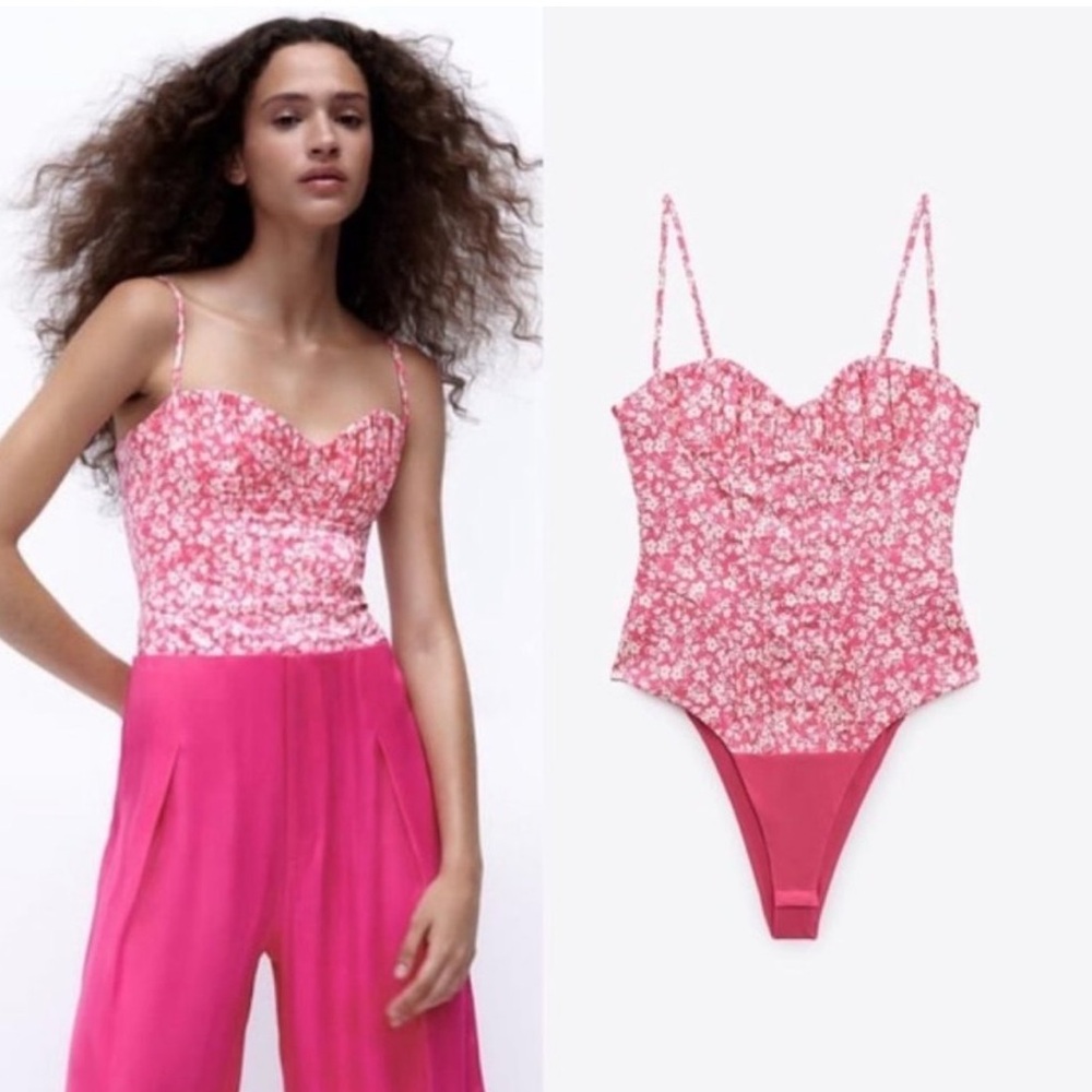 ZARA NWT Pink Floral Corset Bodysuit One Piece size small